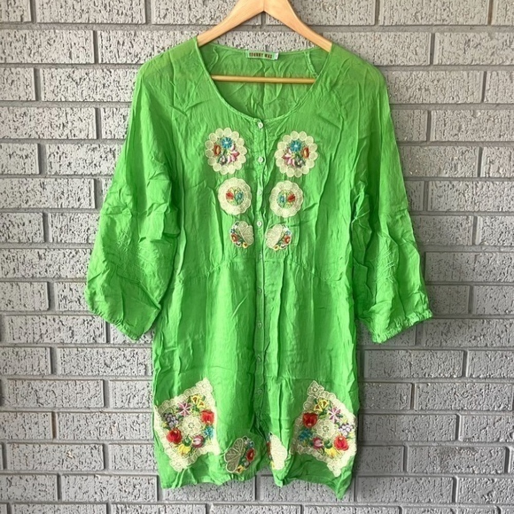 Johnny Was Embroidered Tunic Dress Light Green Floral Patchwork Doily Small